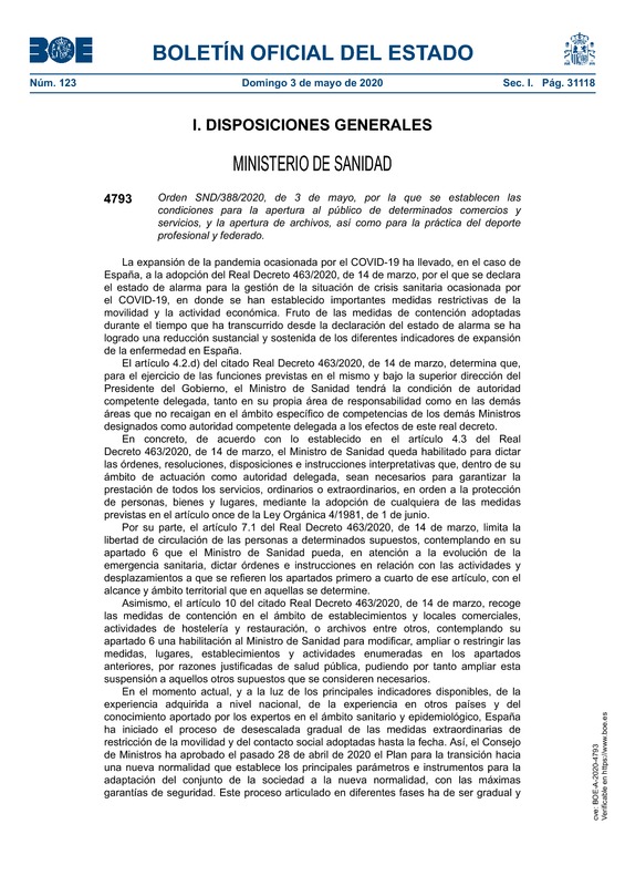 Orden SND/388/2020 del BOE por el que se publican las condiciones de reapertura de comercios