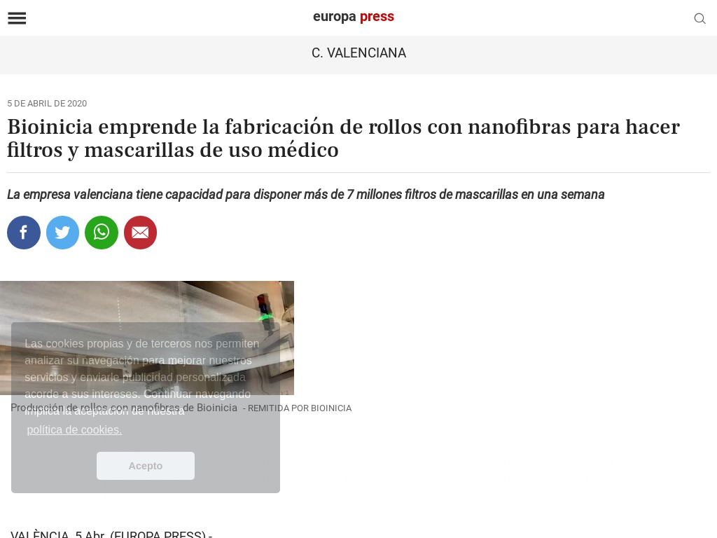 Bioinicia emprende la fabricacin de rollos con nanofibras para hacer filtros y mascarillas de uso mdico